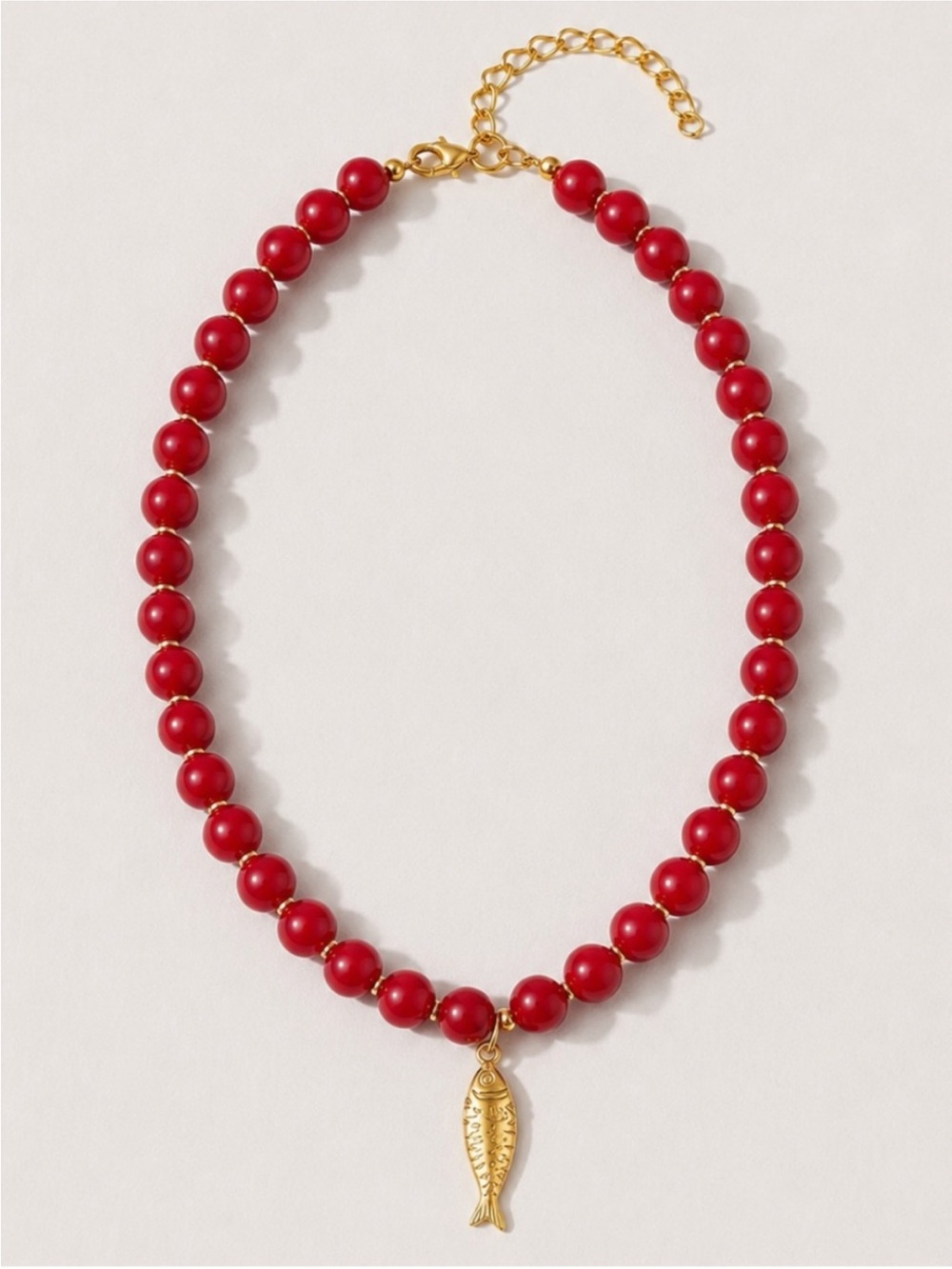 New! Red Beaded Gold Fish Sardines Necklace NWOT 5006